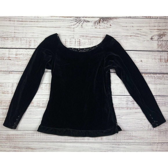 Saint Laurent Rive Gauche Black Velvet Boat Collar Long Sleeve Blouse Top Sz 44‎ - Picture 1 of 5